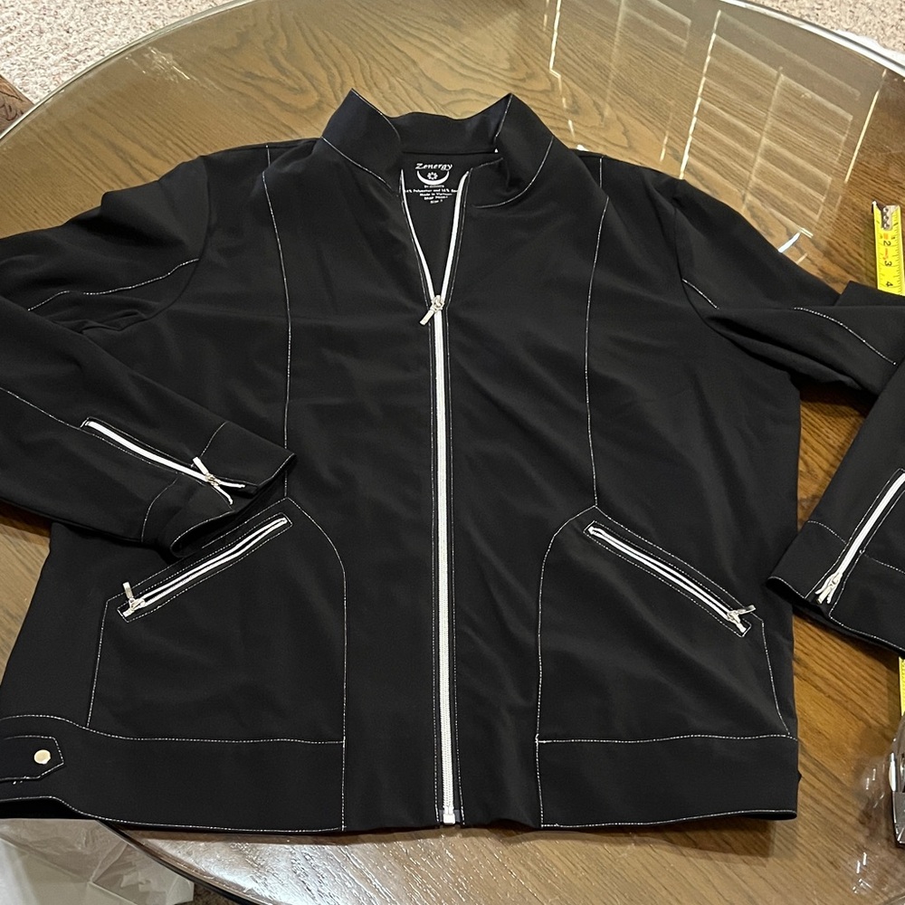 Black Zip-Up Jacket with sparkly  White Stitching